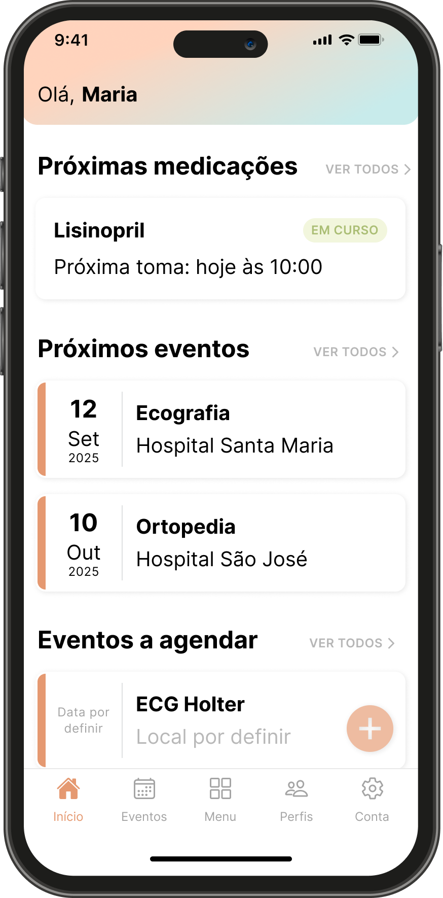 Ecrã principal da Telos Care